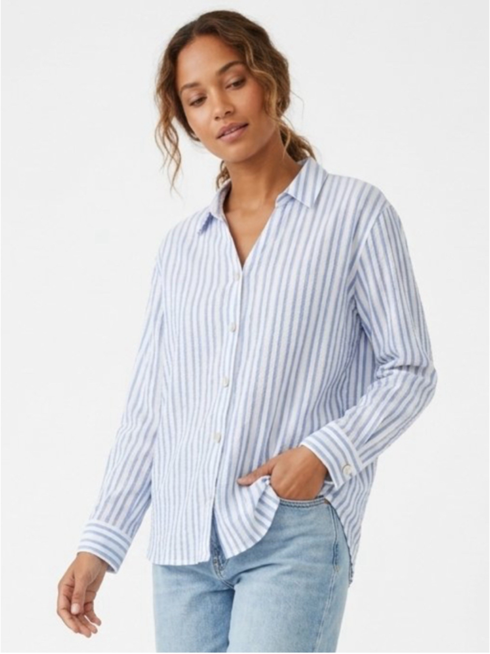 Women's Alexander Jordan Button Down Shirt White Blue Striped Cotton Top XL -816